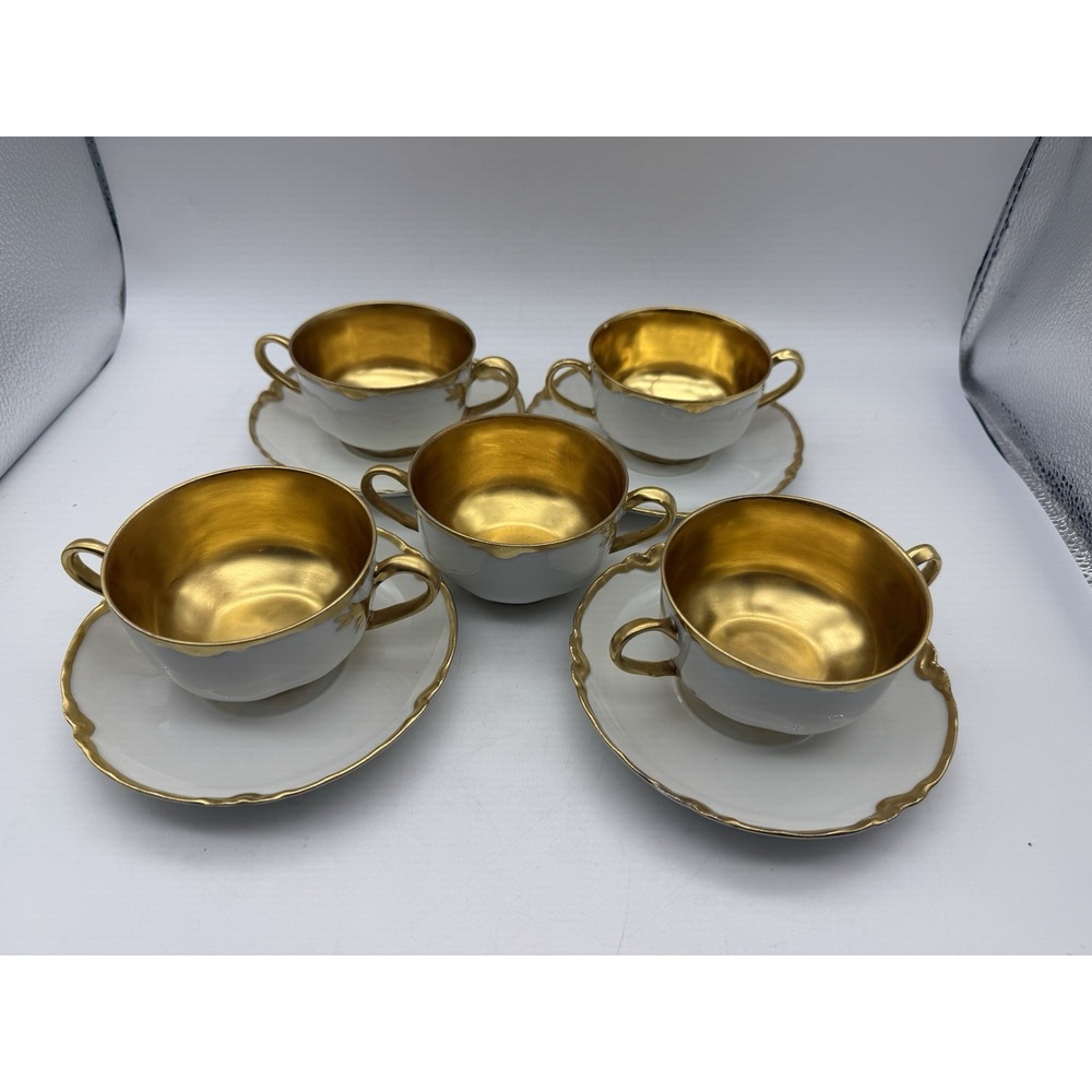 4 Antique Haviland France Limoges Gold Gilt Ranson Bouillon Cups & Saucers